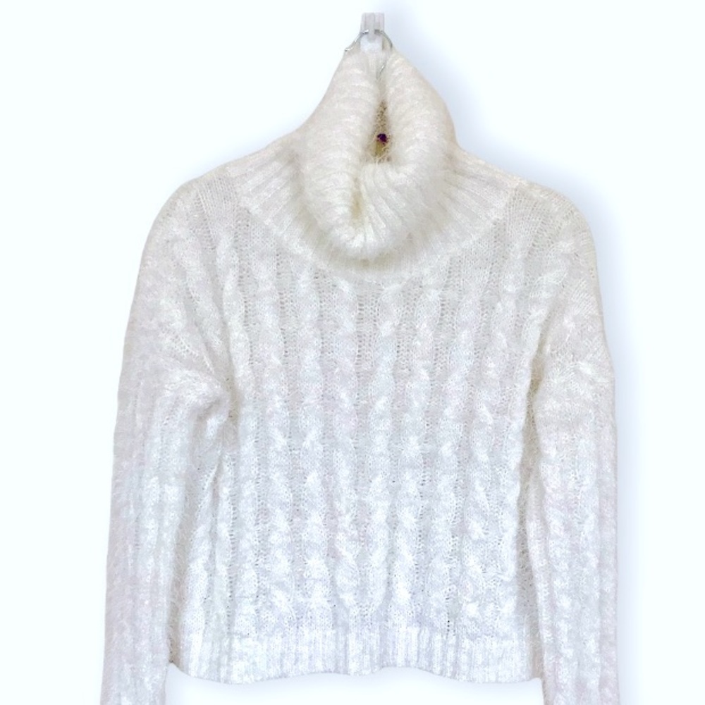 Fuzzy White Cable Knit Turtleneck Cropped Sweater